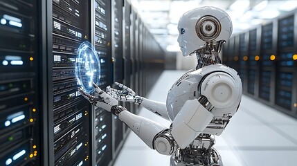 Futuristic Robot Interacting With Data Servers Inside A Network Room
