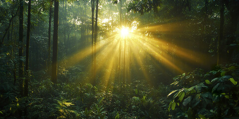 Obraz premium Sunlight filters through lush rainforest canopy, creating serene atmosphere