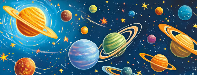 Celestial Symphony: A vibrant illustration of planets and stars dancing across a rich, dark sky, capturing the mysteries and wonder of space.