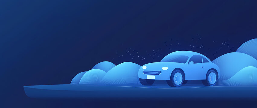 Automobile's Night Drive: A sleek automobile navigates through a dreamy, minimalist night scene with a cool blue palette and soft, cloud-like forms