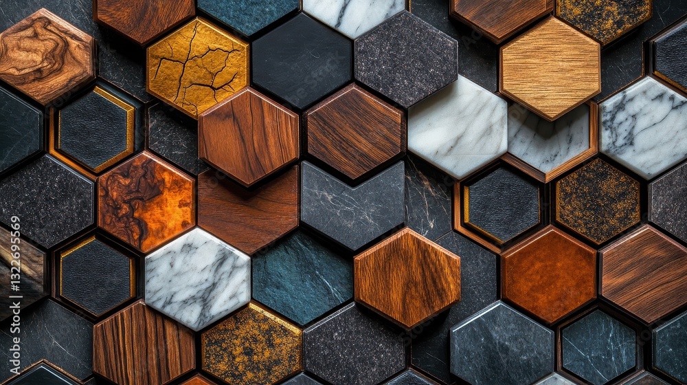Poster Unique arrangement of hexagonal tiles showcasing various textures and colors in a modern interior design setting