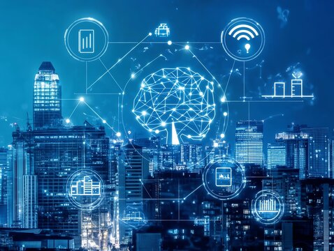 Digital icons representing AI ethics, law, and policy against a cityscape background, highlighting technology and governance connections