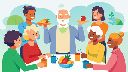 A lively discussion takes place as the teacher introduces the concept of eating the rainbow and encourages seniors to incorporate a variety of colorful foods into their meals for. Vector illustration