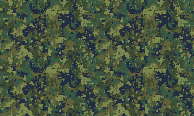 Intricate digital camouflage pattern in shades of green and dark blue. Ideal for backgrounds, textiles, militarythemed projects, or adding a tactical feel to designs.