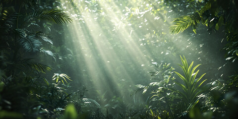 Obraz premium Sun rays filter through lush rainforest foliage, creating serene atmosphere