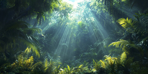 Sun rays filter through lush rainforest foliage, creating serene atmosphere