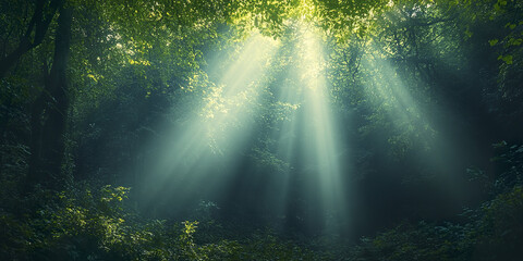 Sun rays filter through lush rainforest trees, creating serene atmosphere