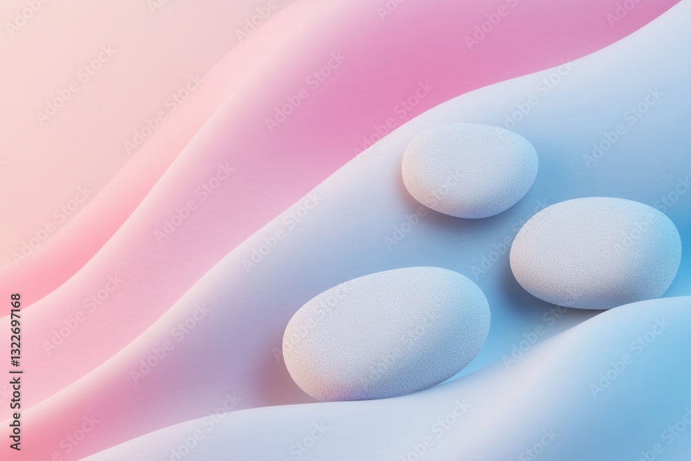 Poster Minimalist Zen-inspired composition featuring smooth pebbles on a soft pastel gradient background at a tranquil setting