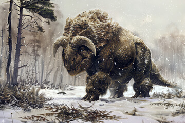 Woolly Triceratops prehistoric horned dinosaur roaming through icy plains in a Jurassic winter paleoart illustration