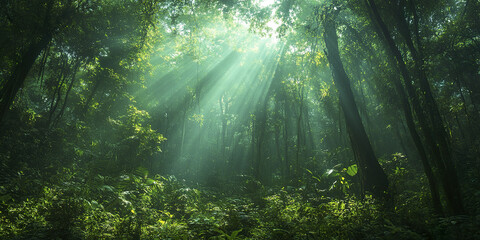 Obraz premium Sunlight filters through dense tropical jungle foliage