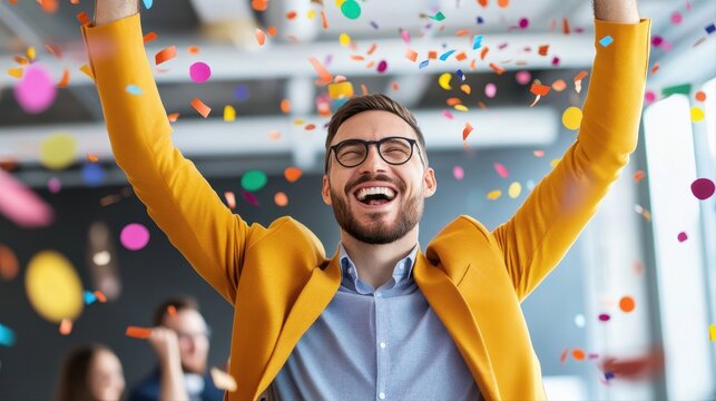 Enthusiastic man celebrating success with colorful confetti in a vibrant atmosphere of achievement and joyful spirit