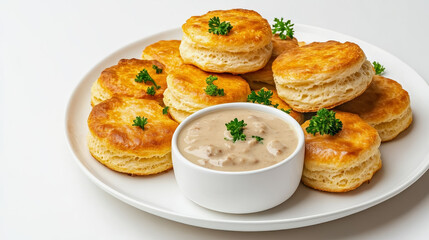 Tasty high-angle shot of a warm plate of classic biscuits served with a bowl of rich gravy for a comforting breakfast