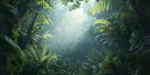Lush tropical jungle with sunlight filtering through dense foliage