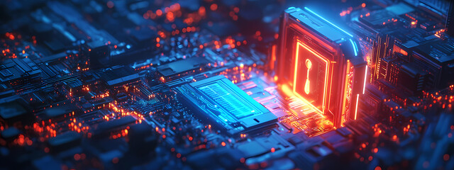 Obraz premium Circuitry Symphony: Illuminated close-up of intricate circuits and microchips, conveying the core of technology's intricate beauty.