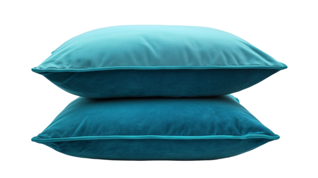 Dual Cushion Pillow Covers in Dark, Light Blue, and Turquoise with Front and Side Views isolated on transparent background 