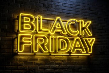 Fototapeta premium Black Friday Sale Neon Sign, Long Exposure Photography, Dark Background, Yellow Neon Text, Promotional Image, Event Marketing