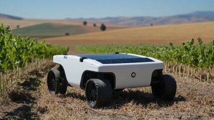 Fototapeta premium A solar-powered agricultural robot maintaining crops with precision AI-driven techniques.