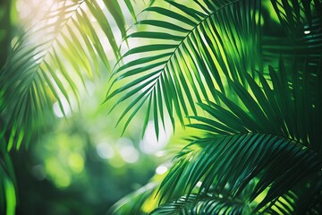 Obraz premium Lush Green Tropical Palm Leaves Sunlight Background Nature Photography Vibrant Emerald Foliage Summer Exotic Plants Greenery Image Perfect for Design 