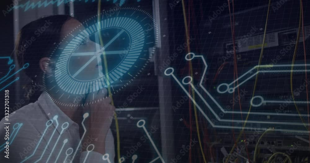 Poster analyzing animation of futuristic digital interface with circuit patterns in school