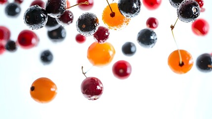 Flying fruits and berries isolated on white