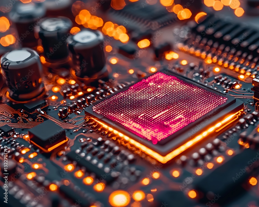 Poster close up image showing illuminated computer circuit components in detail