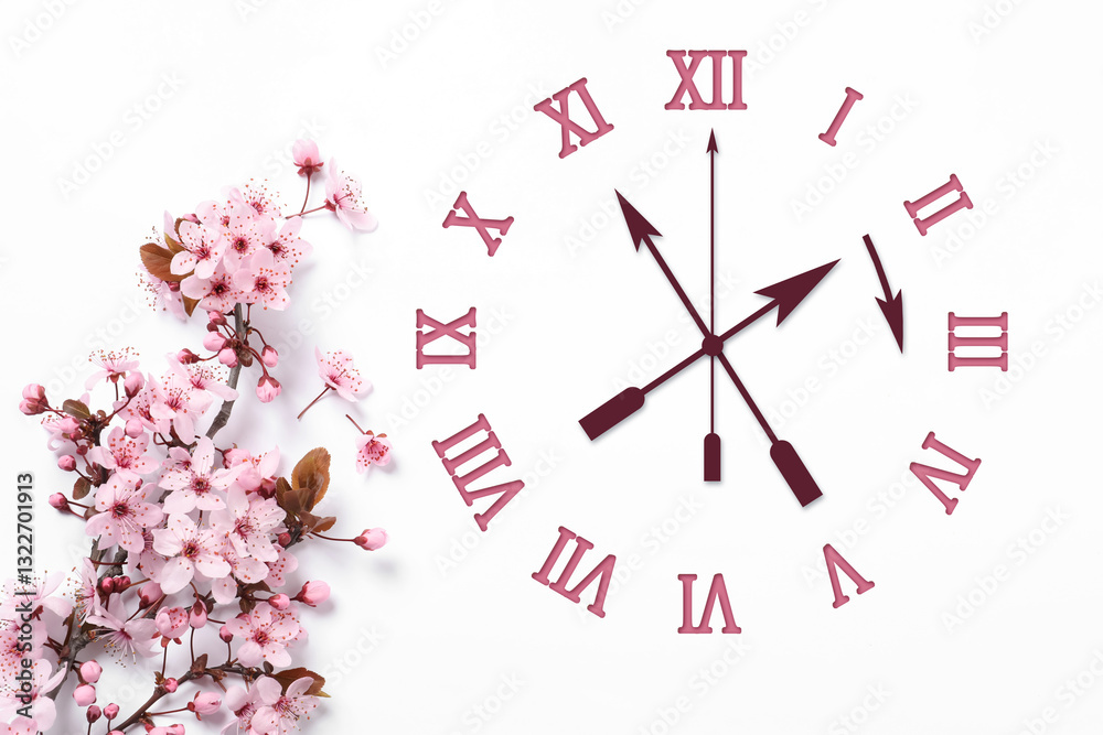 Poster clock and blossoming branch with pink flowers on white background, top view. arrow showing time chan