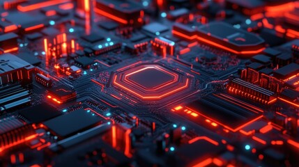 Fototapeta premium A stylized technology symbol with metallic textures and neon highlights, placed on a digital motherboard background.