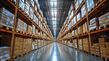 Storage Warehouse Interior Featuring Rows of Boxes and Pallets