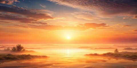 Fototapeta premium Serene sunrise over tranquil waters, mist-shrouded landscape bathed in golden light, reflecting peaceful ambiance