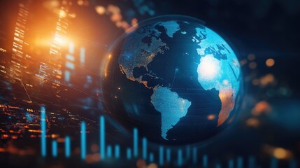 Fototapeta premium A trade and investment theme with a stylized Earth, financial data overlays, and economic development indicators.