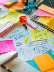 Creative workspace filled with colorful sticky notes, sketches, and design elements scattered on a busy brainstorming table