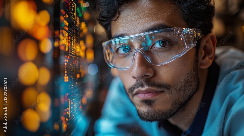Aufkleber a scientist investigates quantum properties like superposition and entanglement while wearing protec