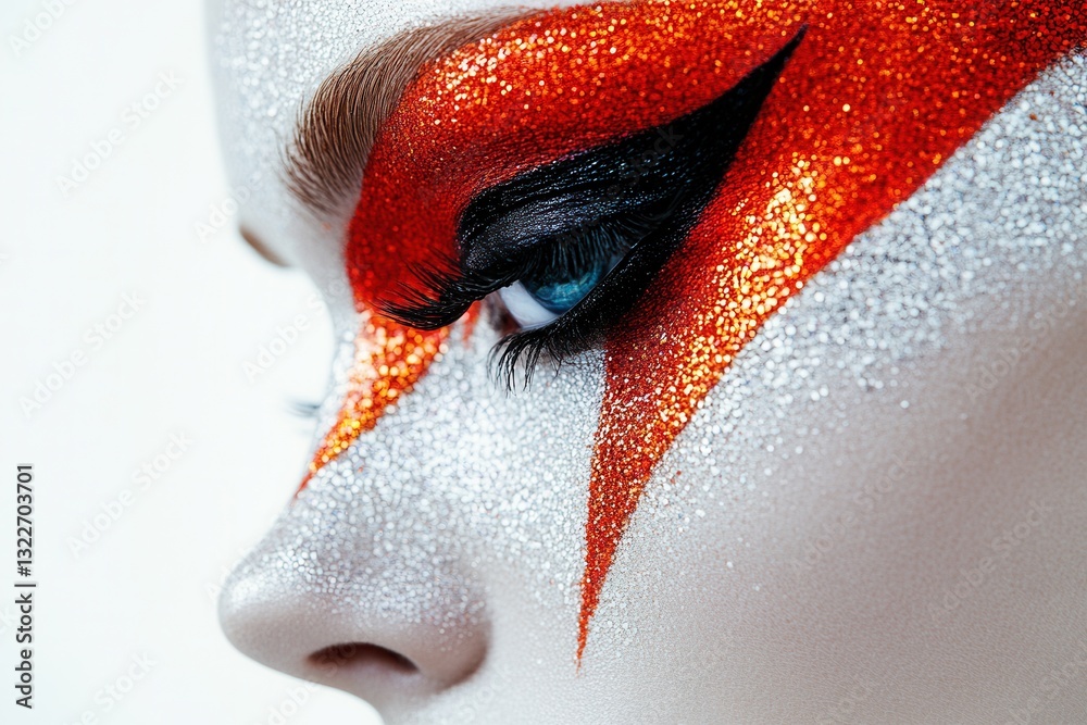 Poster creative makeup application showcasing bold glitter and striking colors for artful expression in a c