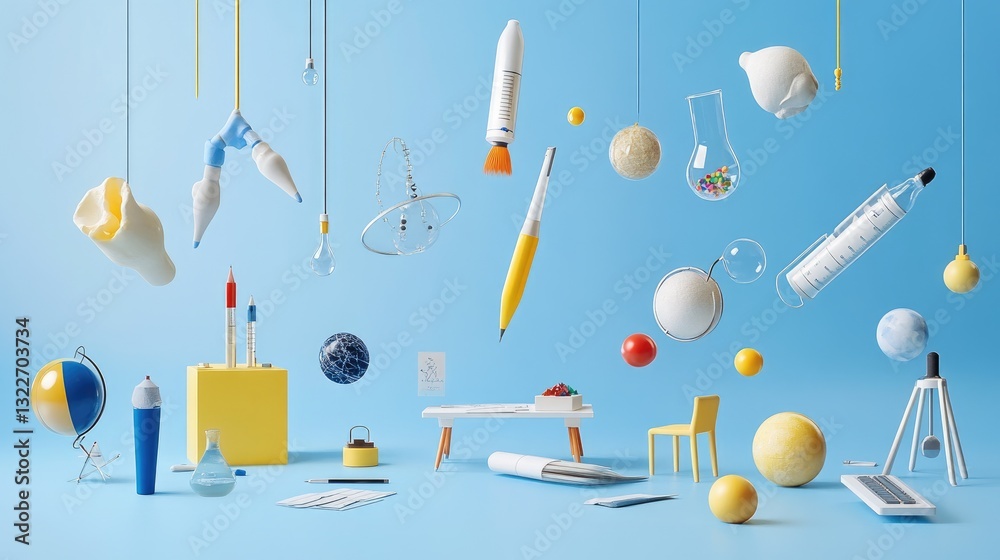 Poster a visually captivating futuristic e-learning concept with d floating icons for science, math, and co