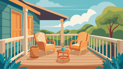 Fototapeta premium A porch with a ramp and large sy chairs for relaxing and enjoying the outdoors.. Vector illustration