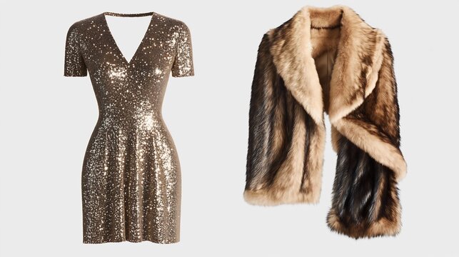 Festive holiday outfit with sequins and fur A glamorous winter party look featuring a sequin dress and a luxurious fur wrap