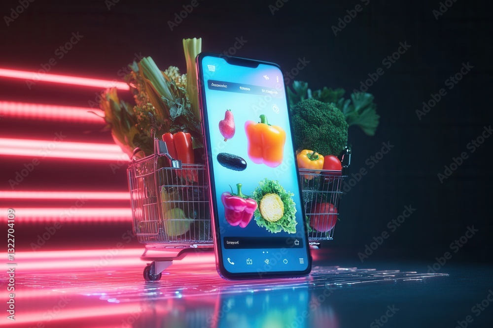 Poster grocery shopping app shows vibrant vegetables and fruits with sleek design in futuristic neon enviro