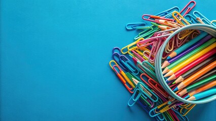 Blue Background Office Still Life: Paperclips Pencils Minimalist Photography