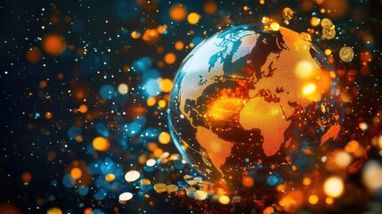 Economic crisis visualization with a world globe, falling stock market graphs, and scattered coins.