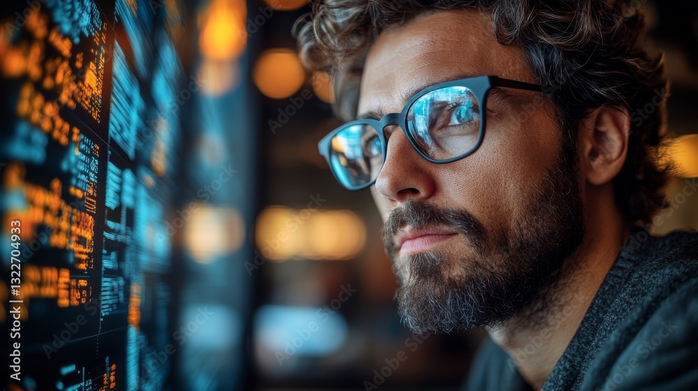 Poster A man with curly hair and glasses observes a digital display filled with quantum computing concepts such as qubits and superposition. He appears engaged in thought, analyzing the data.