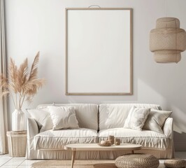 A cozy living room with a white couch. a wooden coffee table. and a large picture frame