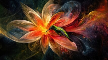 A tiny hummingbird rests near the petals of a vibrant flower