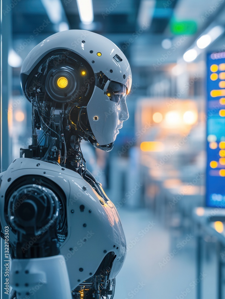 Poster High-tech robot interactive in a modern laboratory with various screens and lights