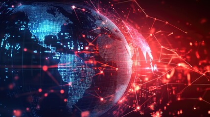 Obraz premium Futuristic economic network with financial data points connecting global trade markets and currency symbols.