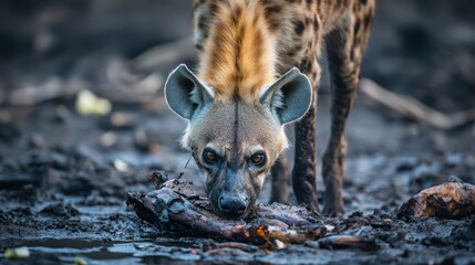 Obraz premium A hyena intently focused on eating its prey on the muddy ground