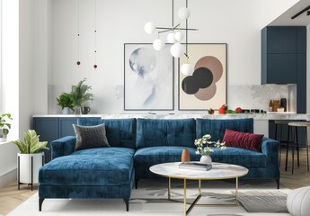 Modern living room with blue sectional sofa. marble coffee table. and abstract artwork