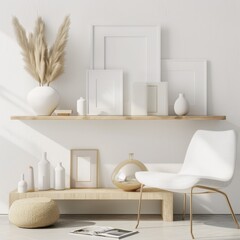 Obraz premium Minimalist living room with white chair. wooden shelves and pampas grass in vase