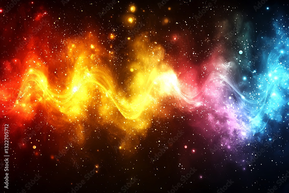 Wall mural colorful celestial forms and stars appear across a dark background