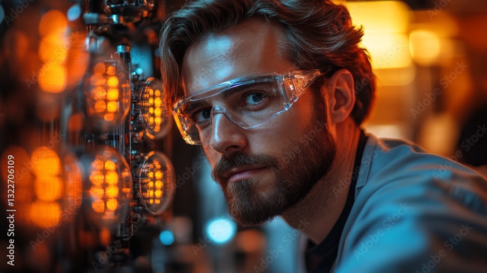 Poster A researcher examines complex quantum mechanics apparatus, focusing on the principles of qubits, superposition, and entanglement.