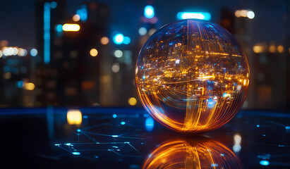 Cityscape Reflection: A luminous sphere captures the vibrant cityscape's reflection. showcasing the mesmerizing beauty of architecture and technology.